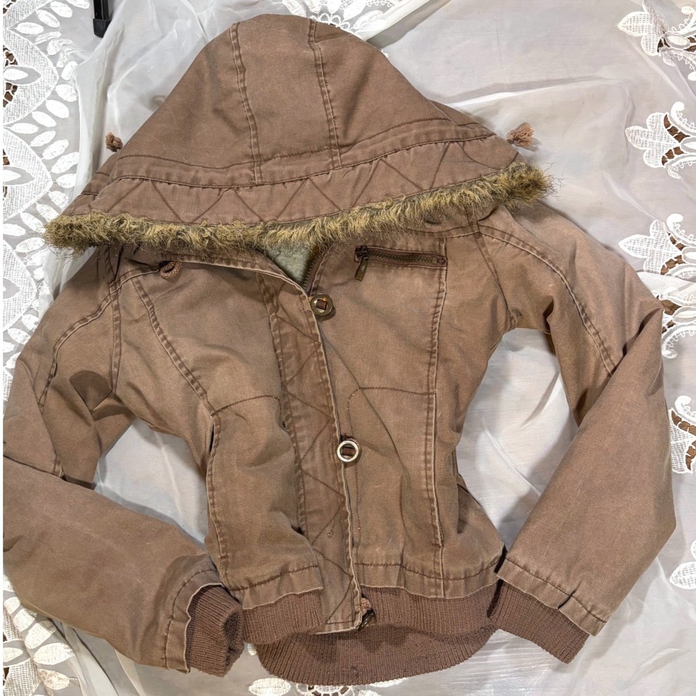 Y2K Grunge Hot Kiss Brown Sherpa Lined Hooded Bomber Jacket Faux Fur Trim